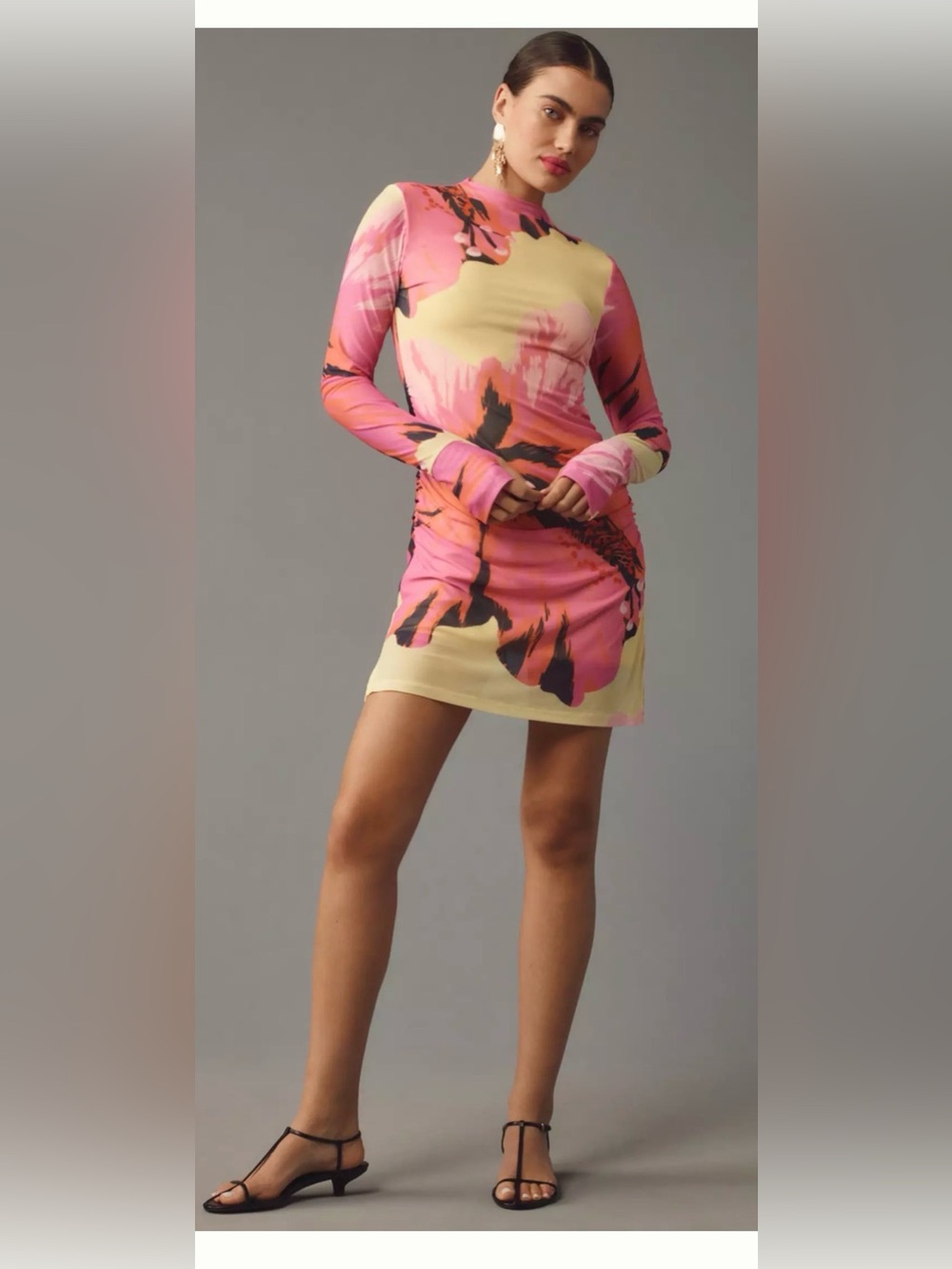 Anthropologie Farm Rio Mock-Neck Slim Mesh Dress Large Pink Floral Combo $178